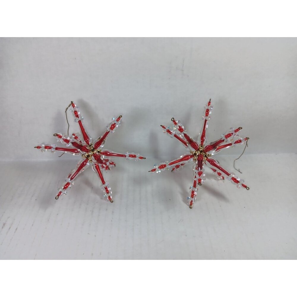 Set of 2 Vintage 1970s Red Plastic Bead Snowflake Starburst Ornaments